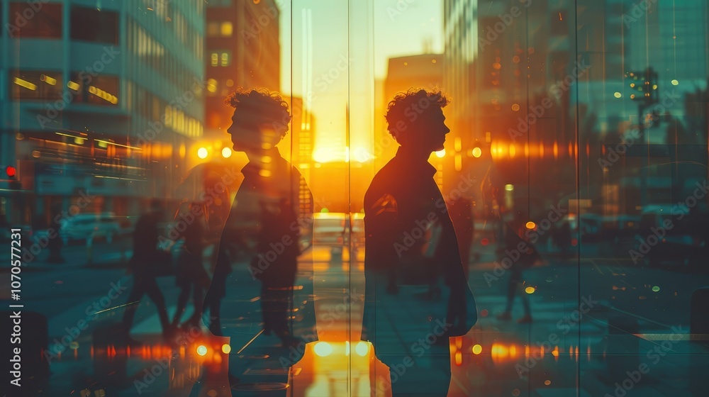 Fototapeta premium Silhouettes of business people working at corporate office in downtown. Work hard and business development concept. Double exposure