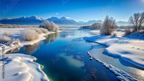 Snow-covered lake with mountain reflections and frosty shoreline on a clear winter morning