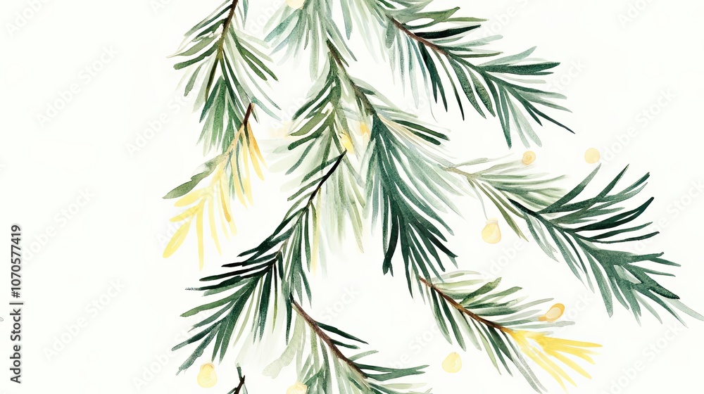 Watercolor Painting of Green Pine Branches with Yellow Accents Watercolor Painting of Green Pine Branches with Yellow Accents