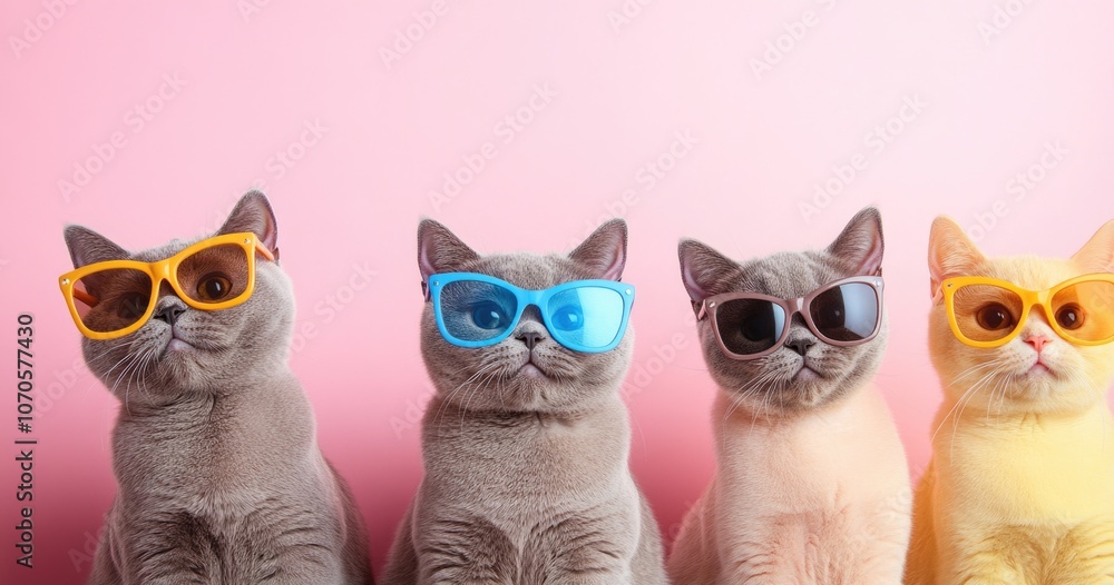 A group of British Shorthair cats wearing sunglasses, against a pink background. A group of British Shorthair cats wearing sunglasses, against a pink background.