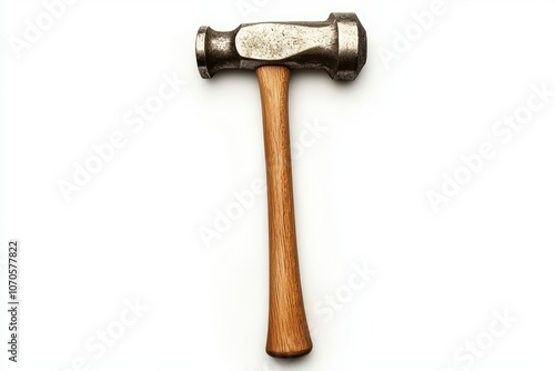 A sturdy hammer with a wooden handle against a white isolated background. photo