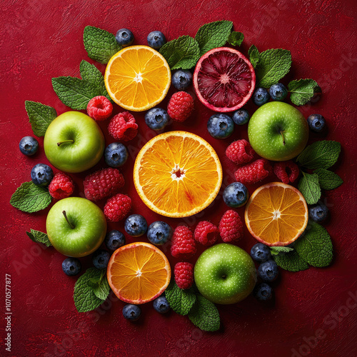 Fruit symmetrical mandala art on red background
