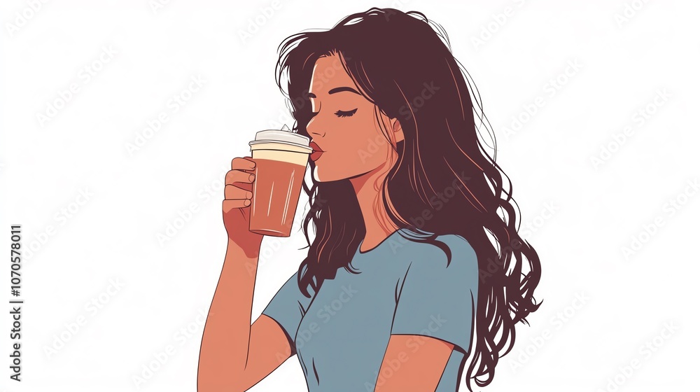 a 2D cartoon illustration of a woman drinking iced coffee, cool and refreshing, white background--ar 16:9 a 2D cartoon illustration of a woman drinking iced coffee, cool and refreshing, white background--ar 16:9