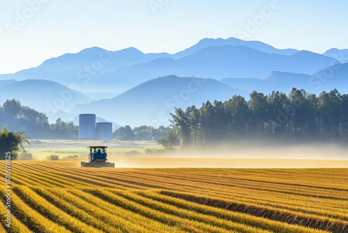 Combine harvester working in golden rice field photo