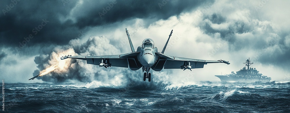 A jet fighter flying over an aircraft carrier in the ocean, with dark clouds and rough waves A jet fighter flying over an aircraft carrier in the ocean, with dark clouds and rough waves