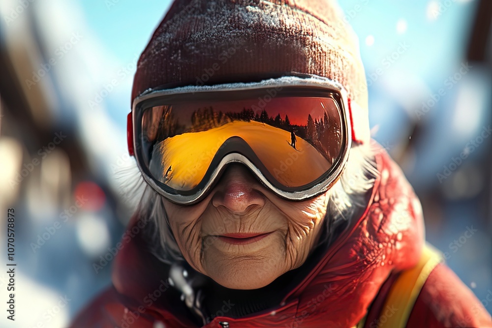 Close-up of an elderly woman skiing downhill. A clear sunny day Close-up of an elderly woman skiing downhill. A clear sunny day