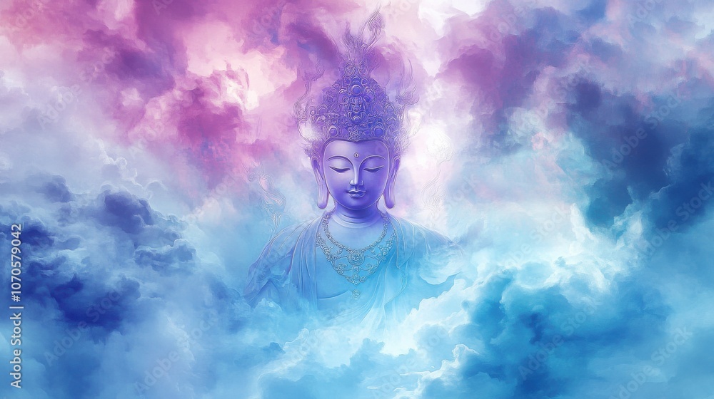 A serene Buddha figure emerges from clouds, evoking peace and tranquility. calming atmosphere A serene Buddha figure emerges from clouds, evoking peace and tranquility. calming atmosphere