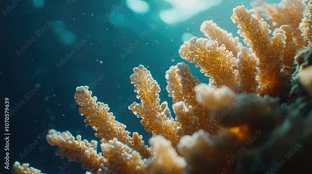 Naklejka premium Close-up of vibrant coral reef underwater with sunlight shining through.