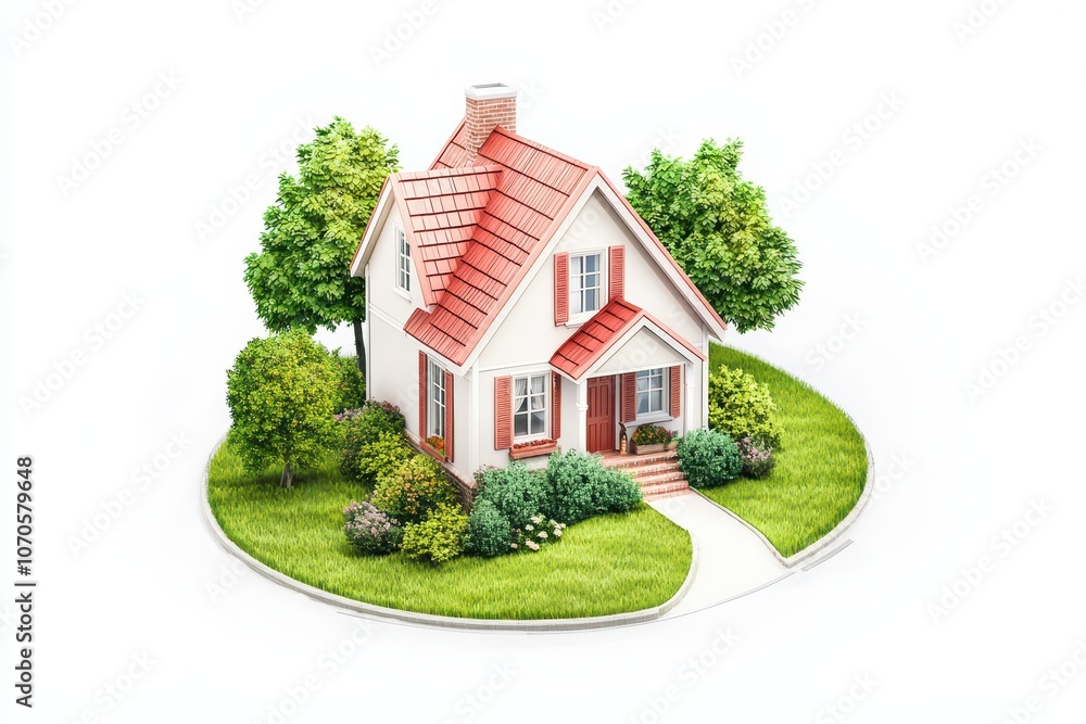 Charming house model with landscaped garden on a white isolated background. Charming house model with landscaped garden on a white isolated background.
