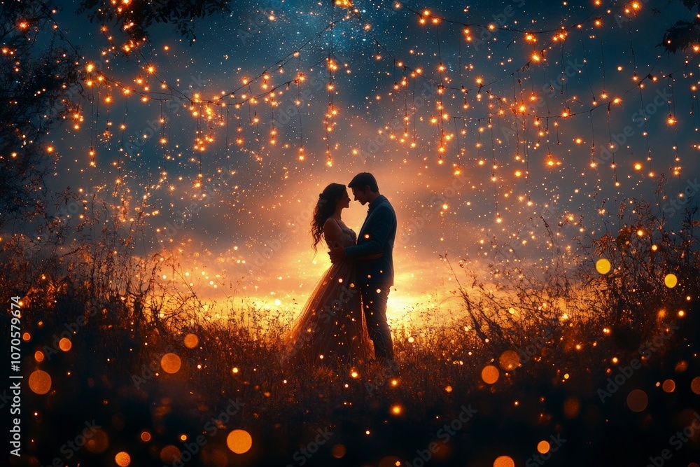 Couple dancing under the stars in an open field, fairy lights hanging above, looking into each other's eyes, pure happiness Couple dancing under the stars in an open field, fairy lights hanging above, looking into each other's eyes, pure happiness
