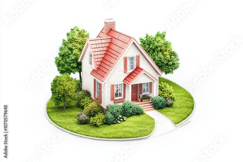 Charming house model with landscaped garden on a white isolated background.