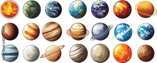 Colorful Planet Illustrations Featuring Diverse Celestial Bodies