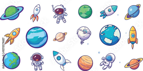 Colorful Cartoon Space Elements Including Planets and Astronauts