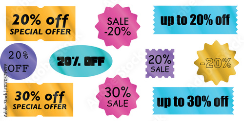 Sale tag displaying "10% off" with options for discounts up to "30%," in a ticket design style