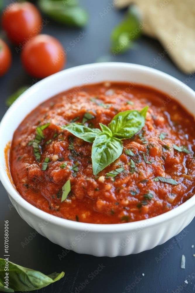 Fresh homemade marinara sauce with basil for italian cuisine Fresh homemade marinara sauce with basil for italian cuisine
