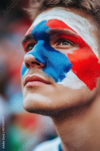 Passionate fan with colorful face paint at sporting event Rose Bowl Game photo