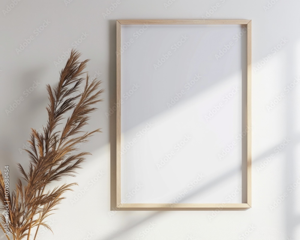 Picture Mat. Light Wooden Frame for Picture Hanging on White Wall with Blank Paper Template Picture Mat. Light Wooden Frame for Picture Hanging on White Wall with Blank Paper Template
