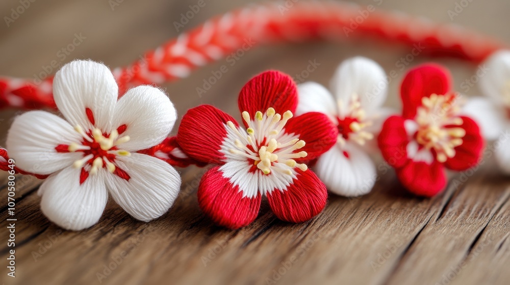 Elegant red and white embroidery flowers on rustic wooden surface for spring celebration Baba Marta Elegant red and white embroidery flowers on rustic wooden surface for spring celebration Baba Marta
