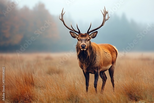 Majestic Red Deer Stag in Misty Woodland Meadow