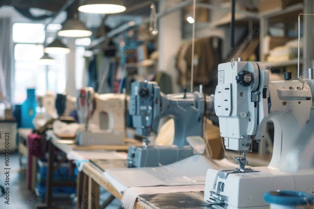 Sewing Industrial. Interior of Garment Factory with Array of Sewing Machines Sewing Industrial. Interior of Garment Factory with Array of Sewing Machines