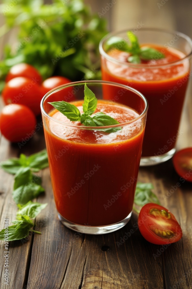 Fresh tomato juice with basil and ripe tomatoes on rustic wooden table National Bloody Mary Day Fresh tomato juice with basil and ripe tomatoes on rustic wooden table National Bloody Mary Day
