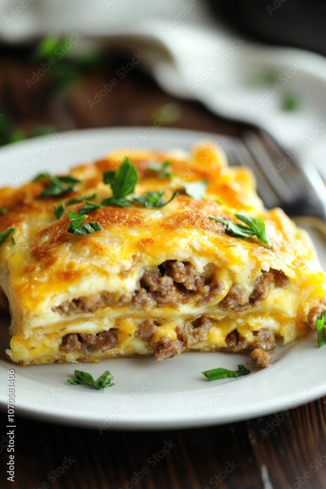 Delicious baked lasagna with cheese and meat layers on a white plate for comfort food lovers Delicious baked lasagna with cheese and meat layers on a white plate for comfort food lovers