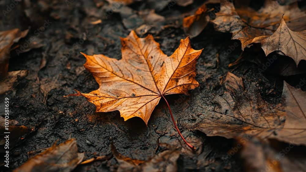 A single orange leaf sits on a bed of brown leaves in the forest A single orange leaf sits on a bed of brown leaves in the forest