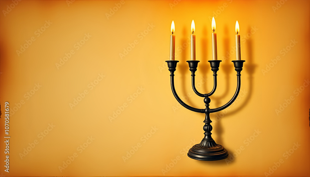 Traditional Menorah with Burning Candles in Bronze Against Golden Background with Copy Space Traditional Menorah with Burning Candles in Bronze Against Golden Background with Copy Space