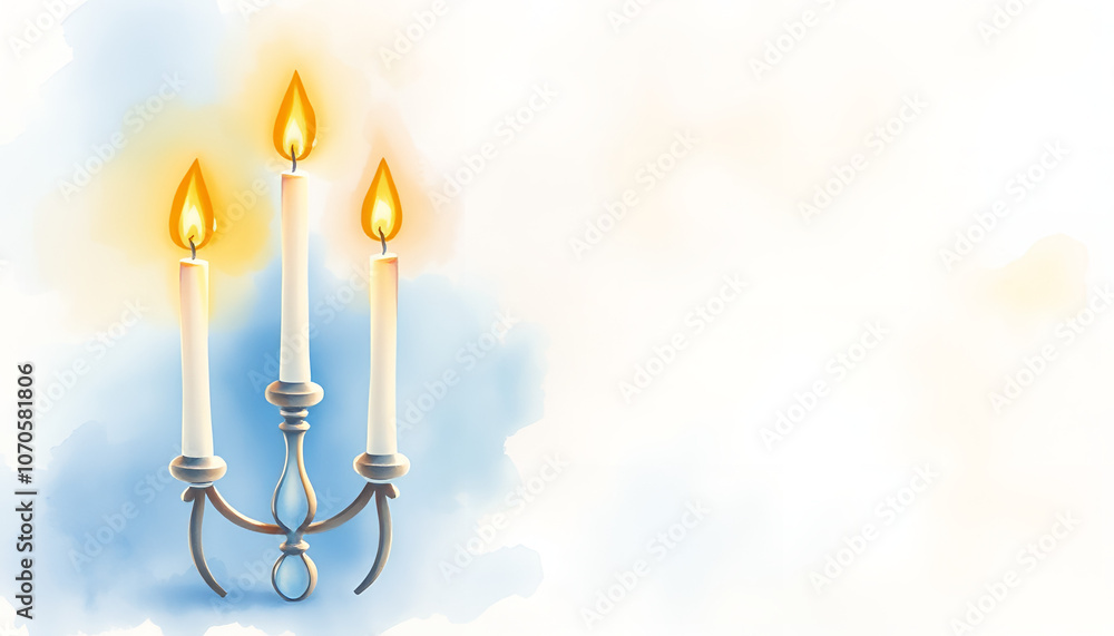 Fototapeta premium Elegant Silver Candelabra with Burning Candles in Soft Blue Watercolor Style with Copy Space