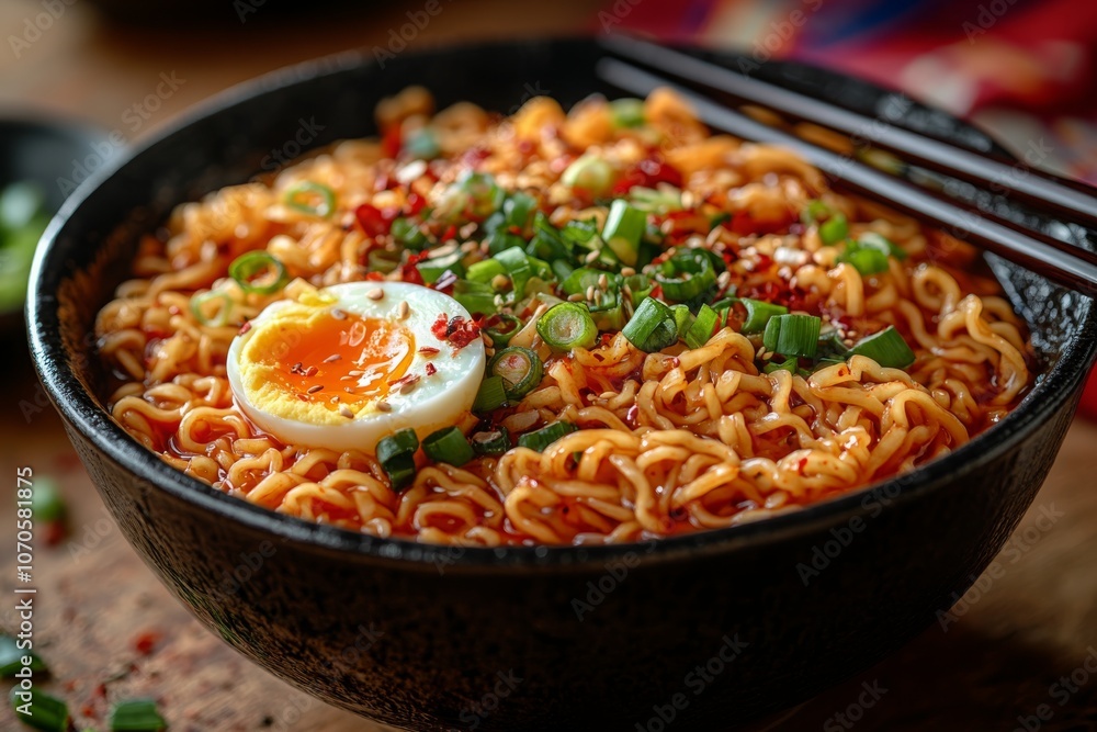 Spicy ramen noodles with soft-boiled eggboiled_egg_and_s Spicy ramen noodles with soft-boiled eggboiled_egg_and_s