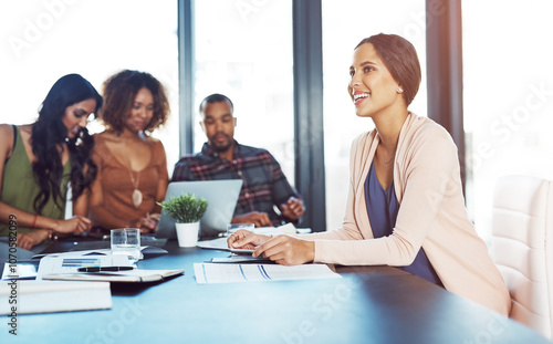 Smile, thinking and woman in strategy meeting for creative business plan with office diversity. Opportunity, ideas and businesswoman with paperwork in conference room for teamwork at digital agency