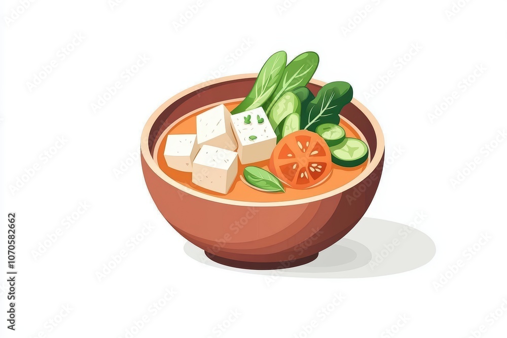 Delicious bowl of vegetable soup with tofu, tomatoes, and greens on a white isolated background. Delicious bowl of vegetable soup with tofu, tomatoes, and greens on a white isolated background.