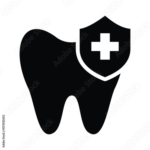 Tooth protection icon vector. Dental teeth care shield protection bacteria symbol flat black solid icon