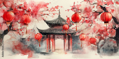 Background illustration chinese new year lantern and blossom in the temple watercolor style photo