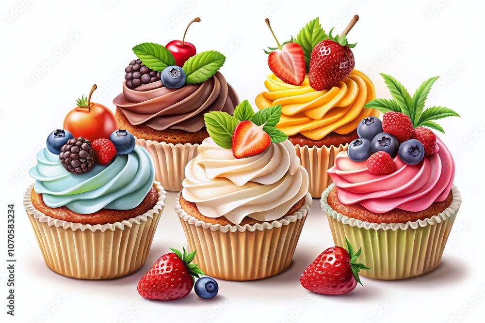 Colorful Collection of Delicious Cupcakes with Vanilla, Chocolate, Whipped Cream, Berries, and Fruits - Sweet Sugar Desserts Clipart for Culinary and Bakery Themes Colorful Collection of Delicious Cupcakes with Vanilla, Chocolate, Whipped Cream, Berries, and Fruits - Sweet Sugar Desserts Clipart for Culinary and Bakery Themes