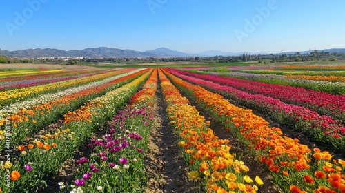 Vibrant fields of colorful flowers bloom across the countryside of Murcia, showcasing spring's agricultural beauty