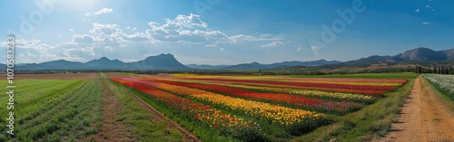 Vibrant fields of flowers blooming in the Murcia countryside during spring under a bright sun