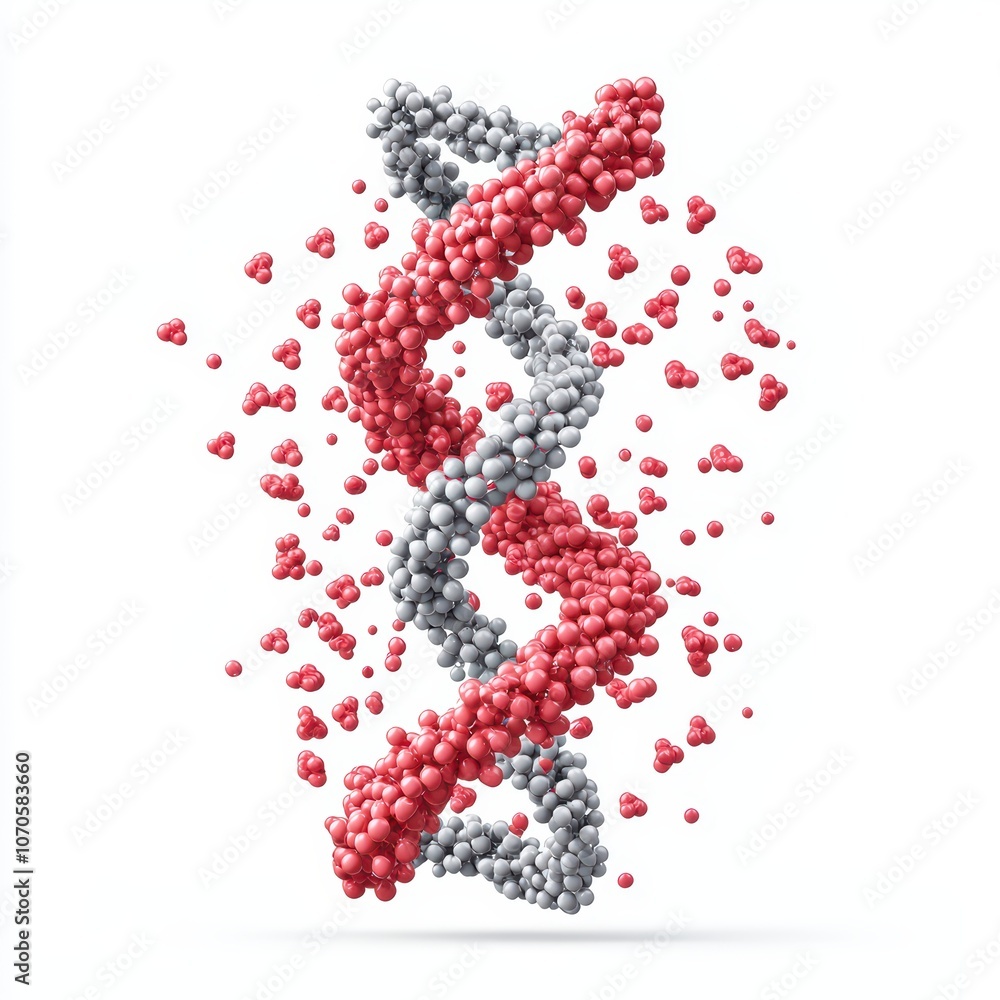 DNA strand model with red and gray molecular structures on white isolated background. DNA strand model with red and gray molecular structures on white isolated background.