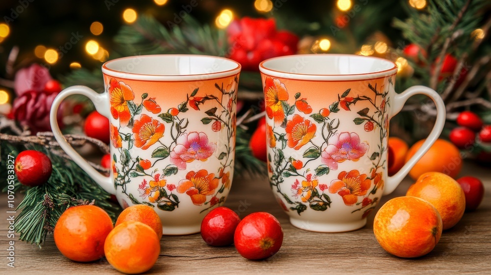 Fototapeta premium Two delightful mugs showcasing vibrant floral and fruit patterns, perfect for a charming kitchen setting.