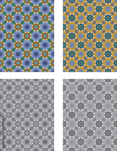 set of colored and black and white seamless patterns geometric Islamic art arabesque.