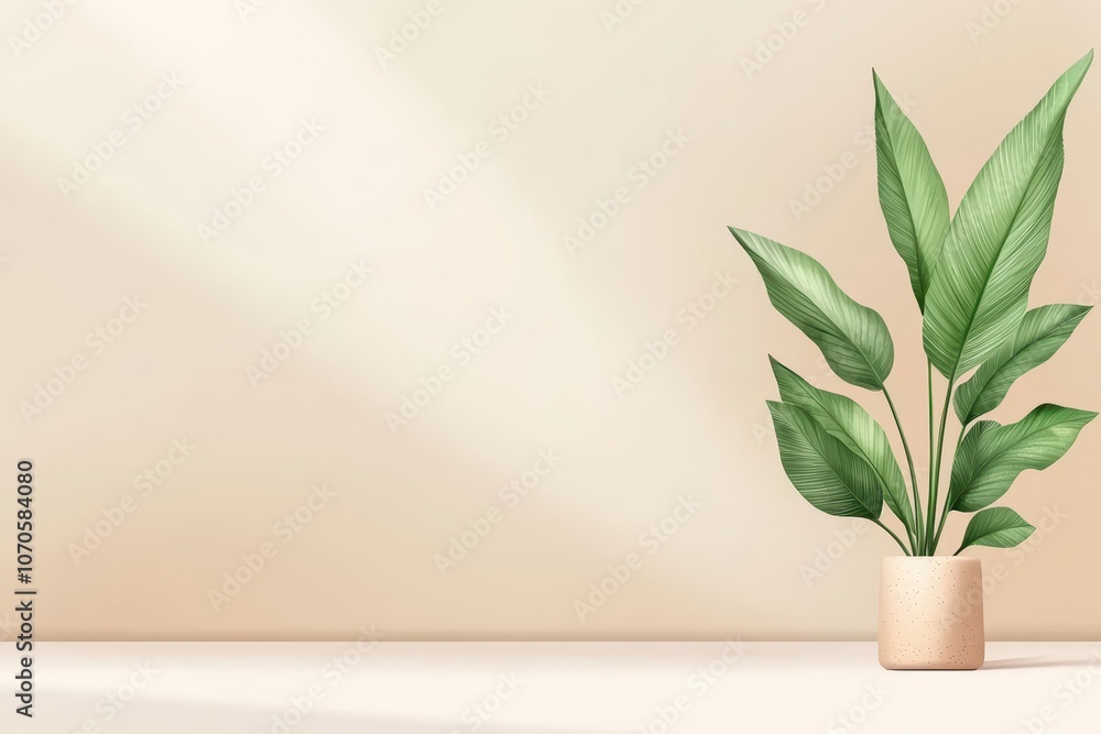Elegant green plant in a minimalist pot placed against a soft beige background. Elegant green plant in a minimalist pot placed against a soft beige background.