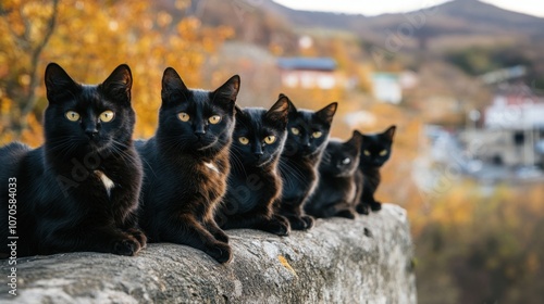 Quintet of black cats on stone wall in autumn landscape photo