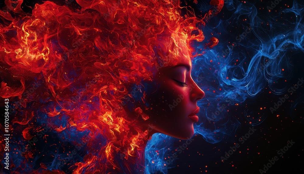 Explore the fiery contrast of passion and serenity in mesmerizing portrait art Explore the fiery contrast of passion and serenity in mesmerizing portrait art