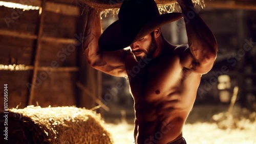 Muscular Handsome Cowboy Carrying Hay Bale in Rustic Barn: Fit, Shirtless Man with Cowboy Hat Showcasing Strength in Rural Farm Setting. Video made using Generative AI.