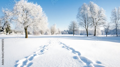 Beautiful Winter Scene with Fresh Snow and Footprints Leading Through the Trees