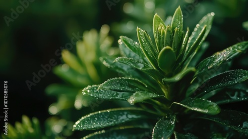 Close-up of vibrant green leaves with dew drops on a sunny day.