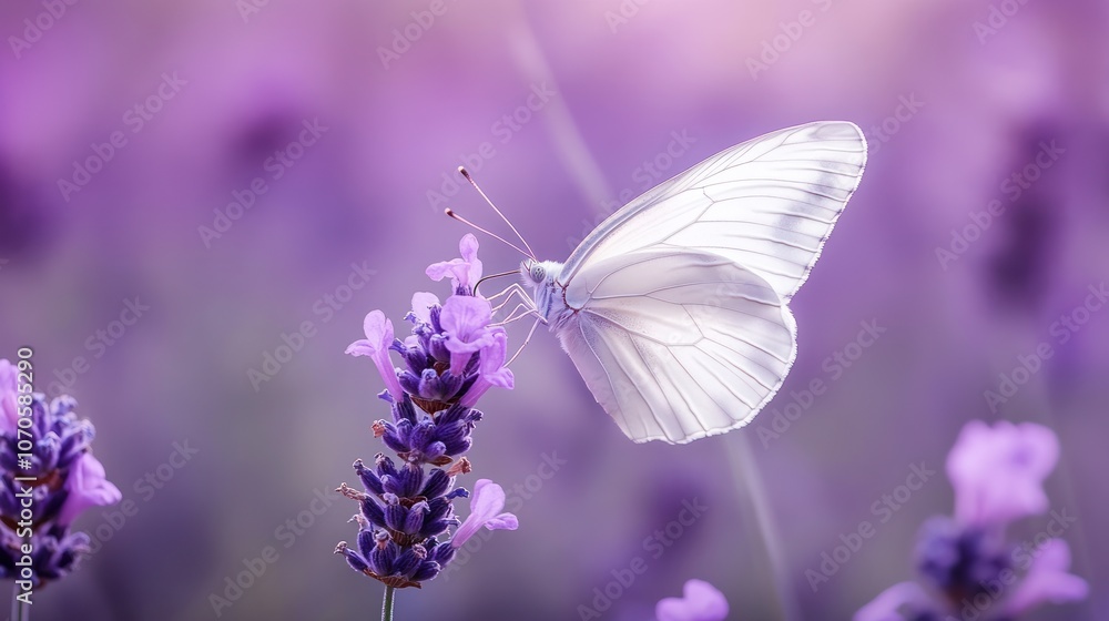 A delicate white butterfly perched on lavender flowers in a serene, colorful garden setting.