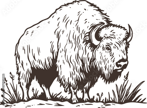 black and white illustration of hand drawn bison