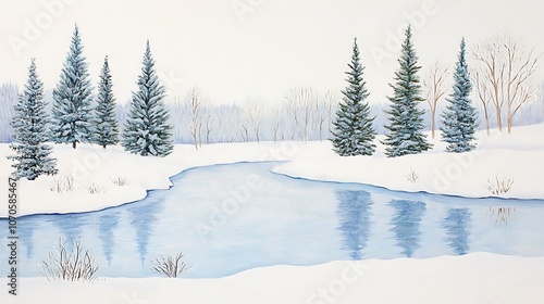 Tranquil Winter Landscape with Snowy Trees and a Glimmering River