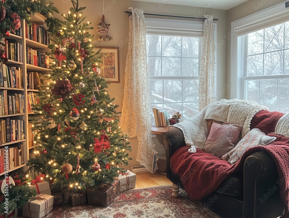 A charming corner with a decorated Christmas tree and a cozy reading nook, filled with books and soft blankets, inviting holiday relaxation A charming corner with a decorated Christmas tree and a cozy reading nook, filled with books and soft blankets, inviting holiday relaxation